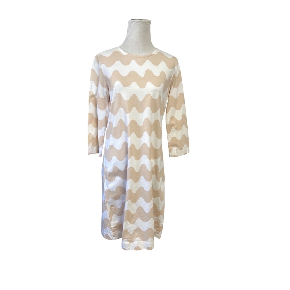 Marimekko Lokki Wave Print Dress Beige White 3/4 Sleeve Jersey Knit Small